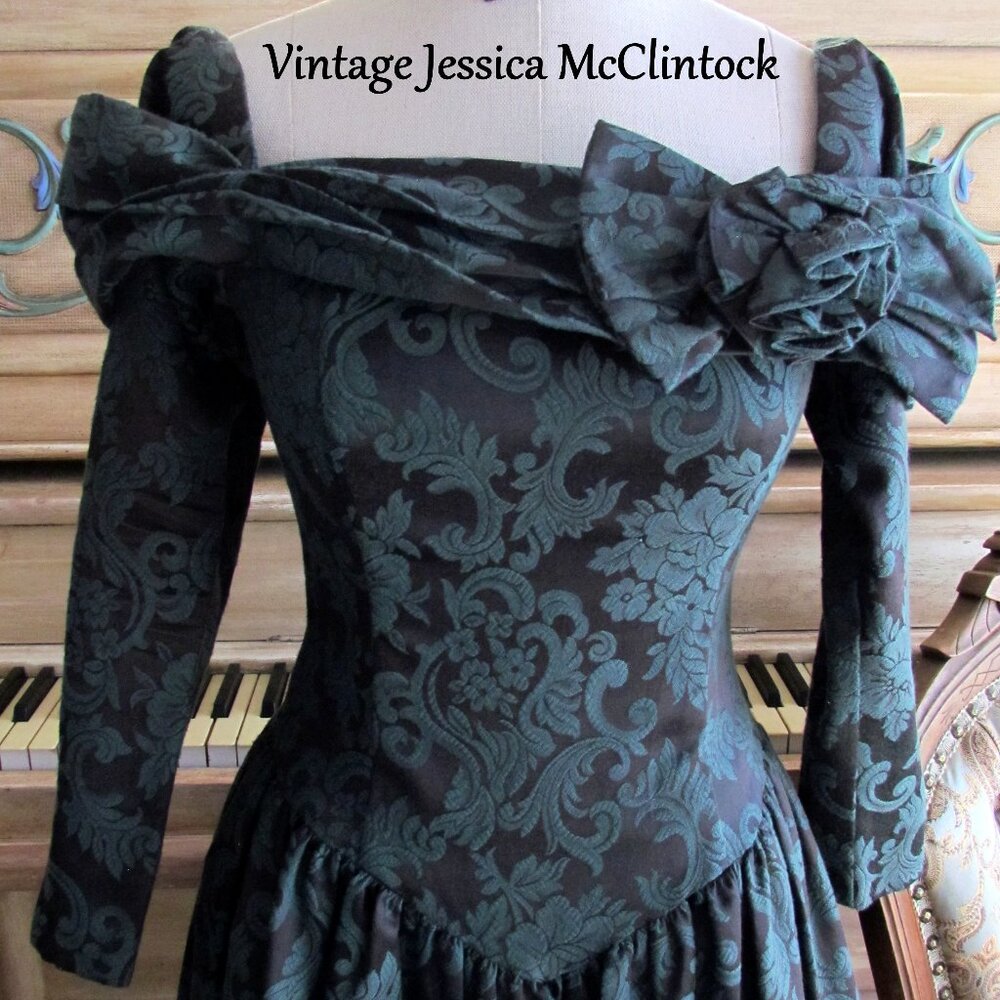 JESSICA McCLINTOCK BROCADE DRESS, 6, DARK GREEN OFF-SHOULDER ROMANTIC VINTAGE - Picture 5 of 13